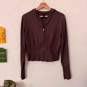 Y2K Full Zip Knit Ribbed Hooded Sweater Long Sleeves Brown Cottagecore Size M/L